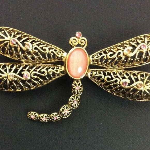 Vintage Gold-Tone Dragonfly Brooch With Pink Rhinestones & Stone Accent - Picture 1 of 5